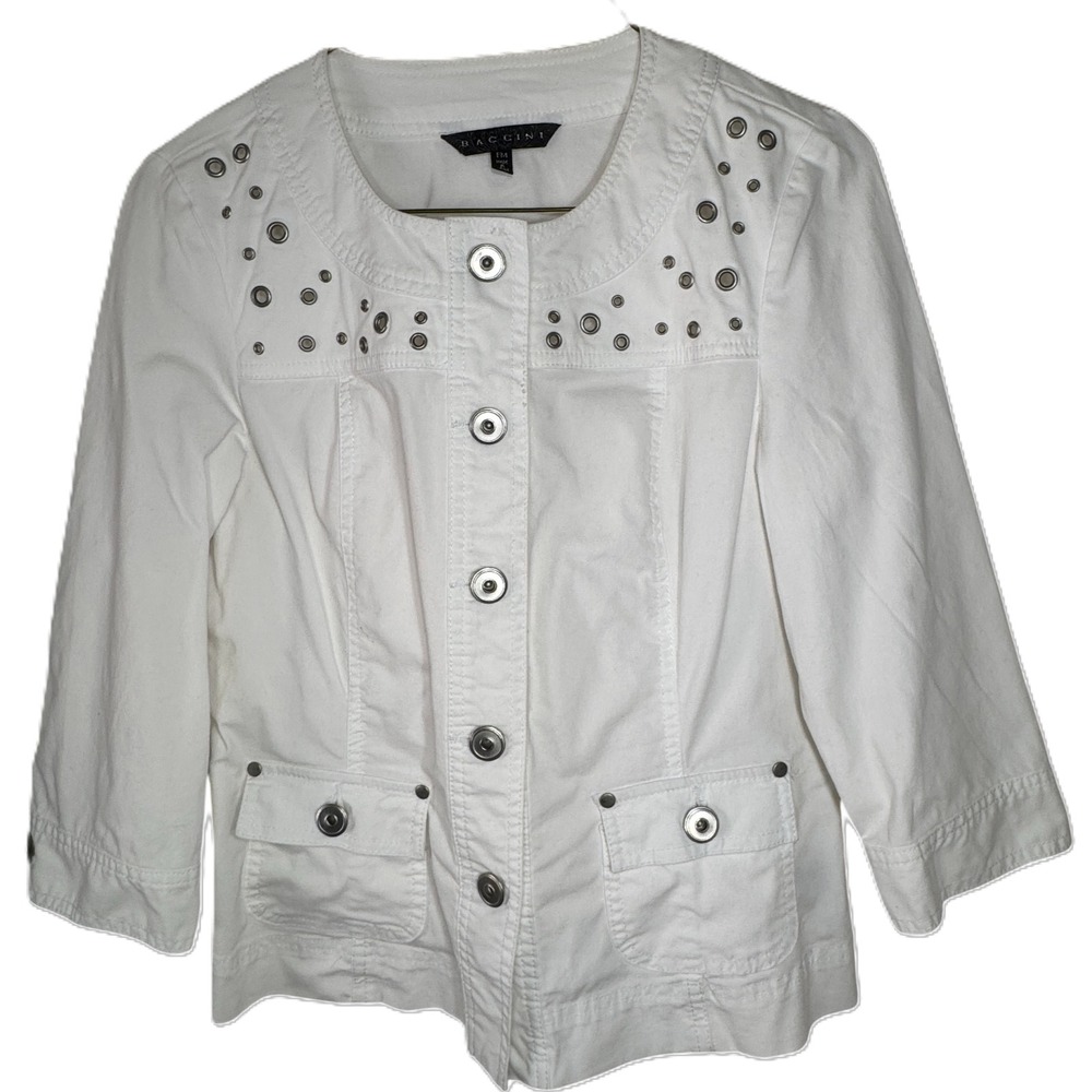 Baccini White Grommet Jacket Womens Petite Medium‎ PM Cotton Stretch Lightweight